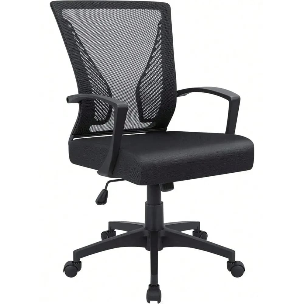 Sedia da ufficio ergonomica per computer, sedia in rete con schienale medio, supporto lombare girevole con braccioli 1, nera