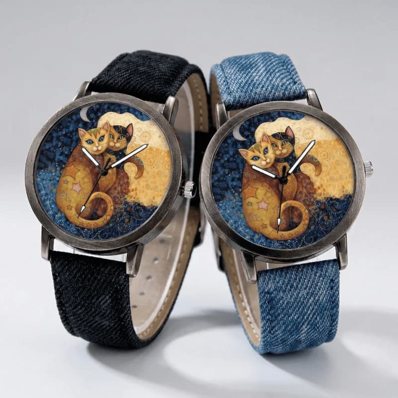 New creative watches with cat-shaped dial for woman, quartz watch with fashionable denim strap, women's casual watch, reloj mujer