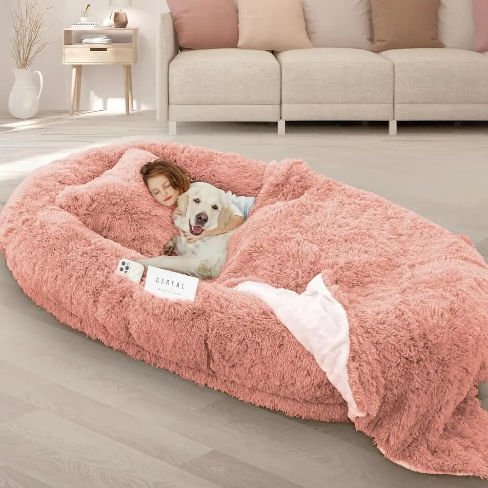 Giant Washable Memory Foam Pet Bed with Pillow and Blanket, 78x51x12 inches, Pink