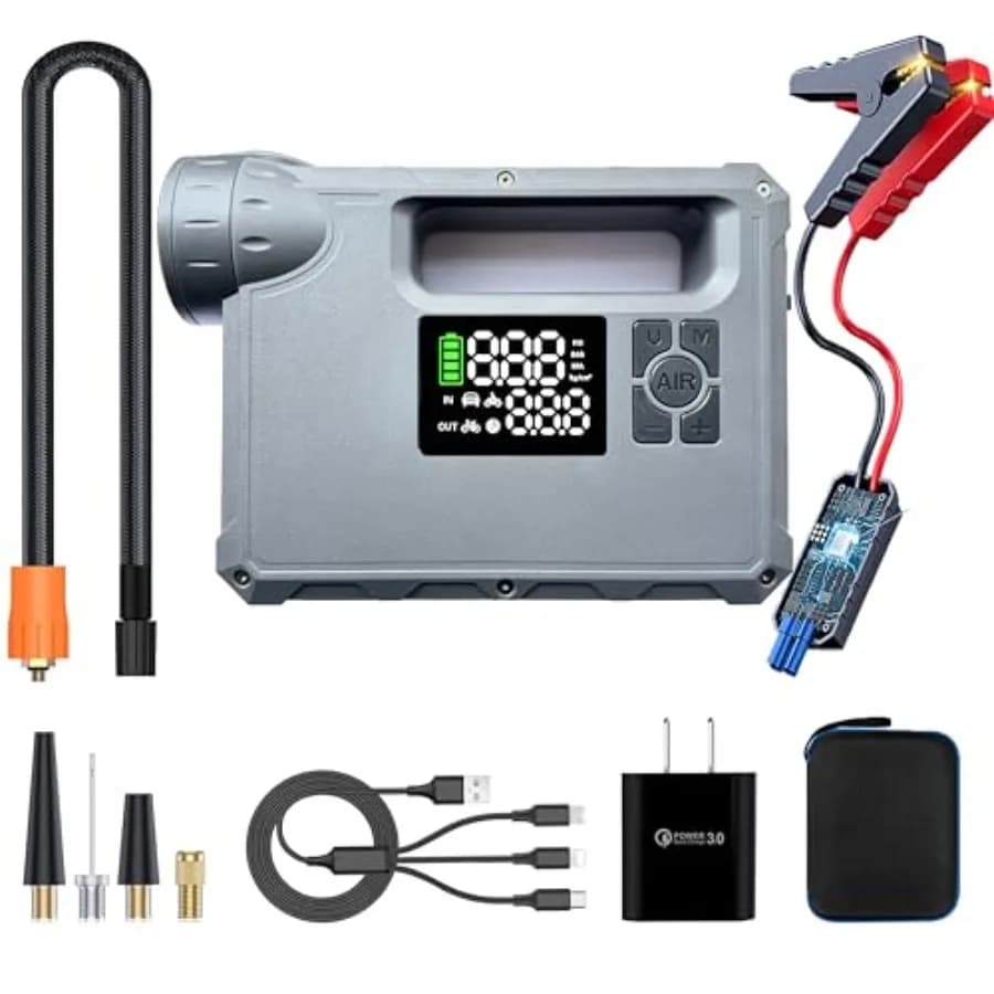 16000mAh 2000A Avviatore di emergenza con compressore d'aria 2000 Lumen Torcia da campeggio leggera 150PSI 2X Gonfiatore per pneumatici a gonfiaggio rapido Por