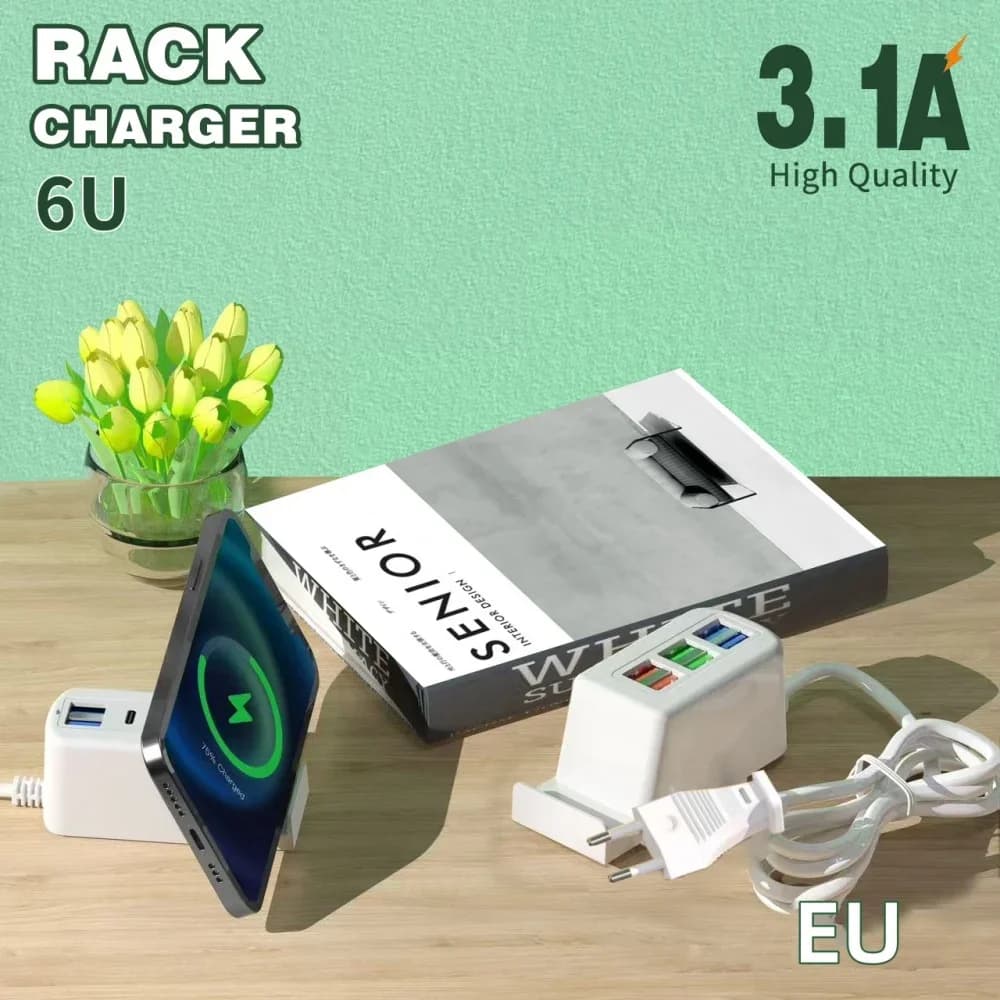 Multipresa USB con Caricatore Rapido, 6 Porte per Ricarica Veloce, Adattatore da Parete con Spina EU/US, Hub Splitter