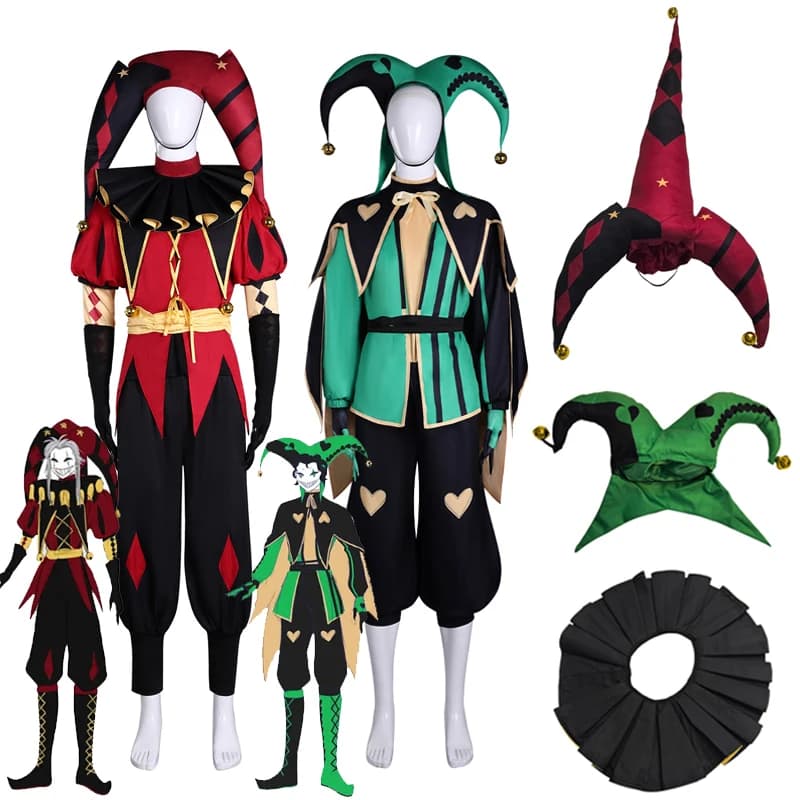 The Freak Circus Harlequin Clown Costume Full Set Pierrot Jester Unisex Cosplay Outfit Halloween Carnival Fancy Dress Jumpsuit