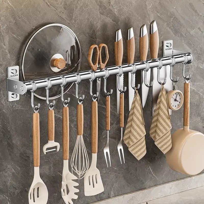 Multi-Functional Kitchen Wall Mounted Storage Rack 304 Stainless Steel Pot Spoon Knife Holder Pot Cover Holder No Drilling Ne...
