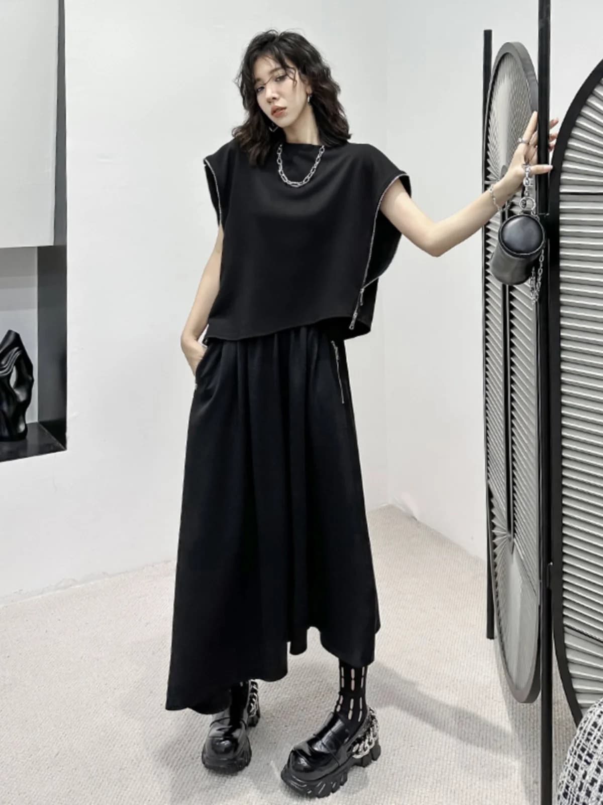 Fashionable Zipper Loose Women's Set Summer Casual Slimming Hong Kong Style Versatile Top Skirt Cotton Short Sleeve round Neck