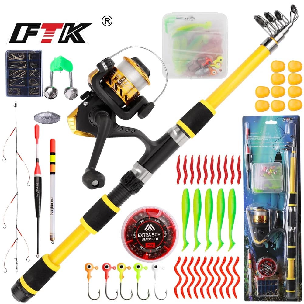 FTK 1.8m Fishing rod and reel Set of floating baits Carbon fiber telescopic fishing rod 5.2:1BB Freshwater salt water spinning reel