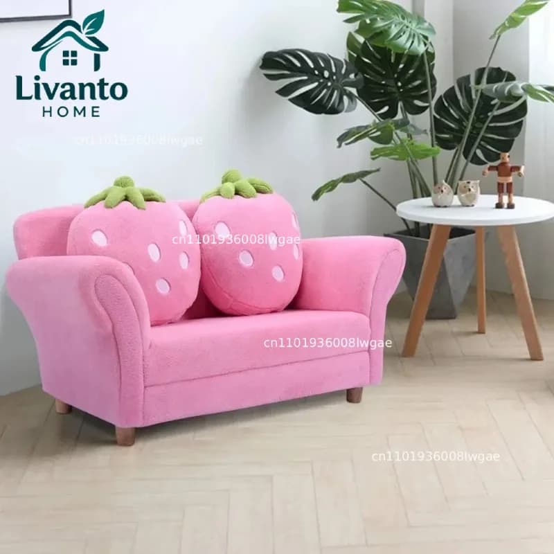 Divano per Bambini, Poltrona Imbottita per Bambini con Schienale Ergonomico e 2 Cuscini a Forma di Fragola, Poltrona Doppia per Bambini
