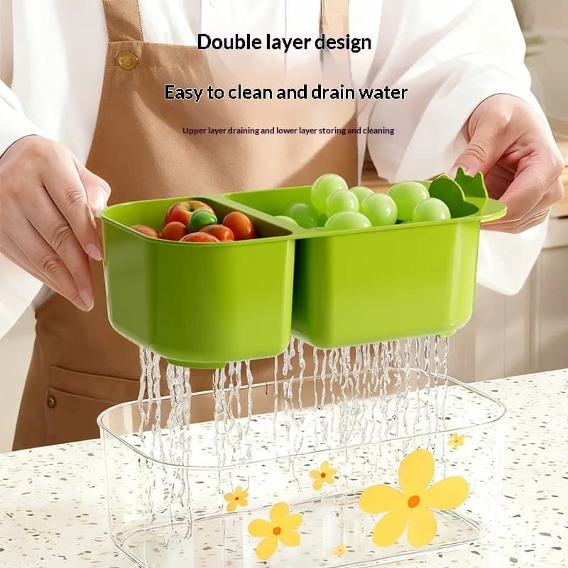 Cestello Scolapiatti 2-in-1 con Griglia, Cesto per Frutta Telescopico, Filtro Acqua, Cesto Spesso per Lavaggio Verdure con Coperchio, Piatto Frutta a Doppio Strato