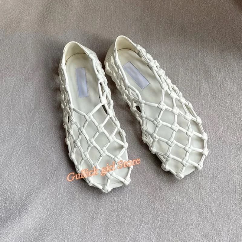 French braided mesh flat sandals with round tip, hand made fashionable summer shoes, customizable slip-on.