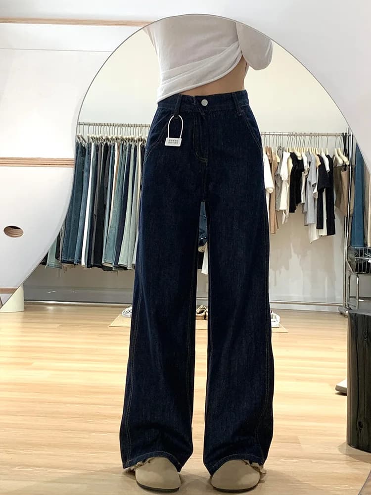 Retro Deep Blue High Waist Wide Leg Denim Jeans Women's Loose Drapey Straight Floor-Length Pants Autumn Season Small Size