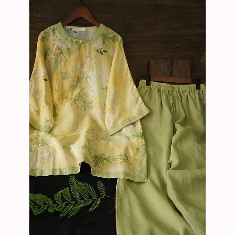New Summer Women Elastic Waist Wide Leg Pants Good Quality Ramie Print Vintage Single Breasted Loose Blouse Two Piece Sets D003