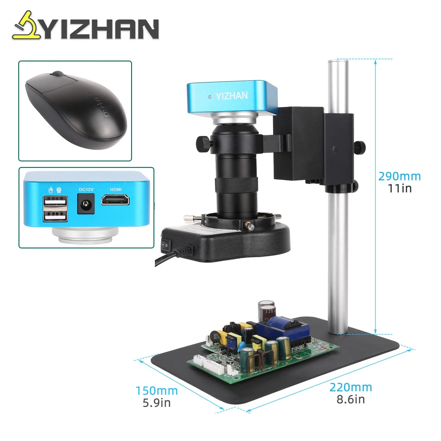 YIZHAN IMX335 HDMI USB Video digitale Microscopio monoculare Fotocamera Funzionamento mouse con software Obiettivo con attacco C 130x 180X