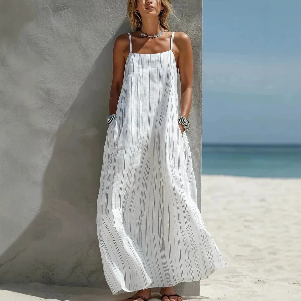 Summer 2026 Elegant Casual Stripe Print Sleeveless Women's Dress Vacation Style Knitted Polyester Thickened Leisure Wear