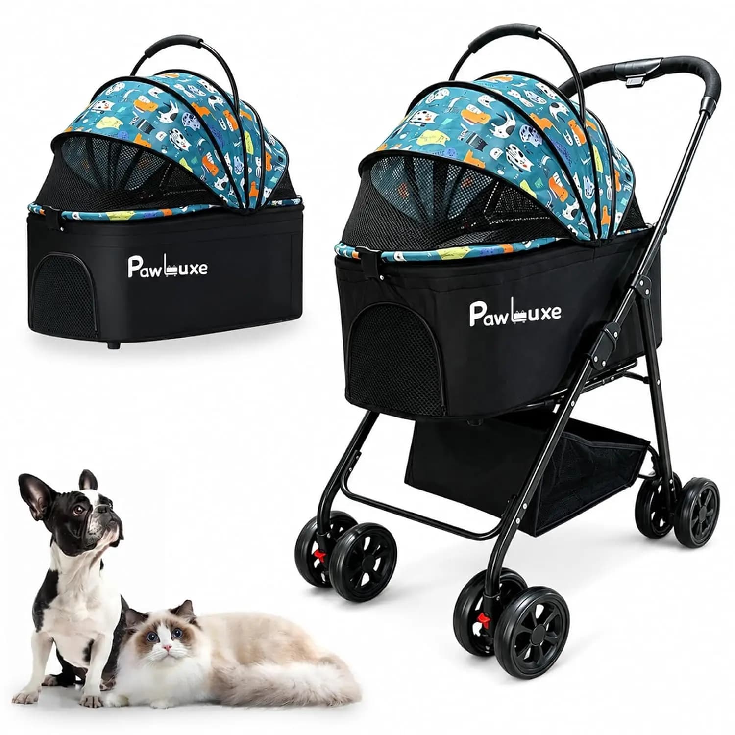 4 Wheels Pet Stroller 4 in 1 Pet Stroller with Detachable Carrier for Small & Medium Dogs Cats up to 55 lbs Easy-Folding Travel