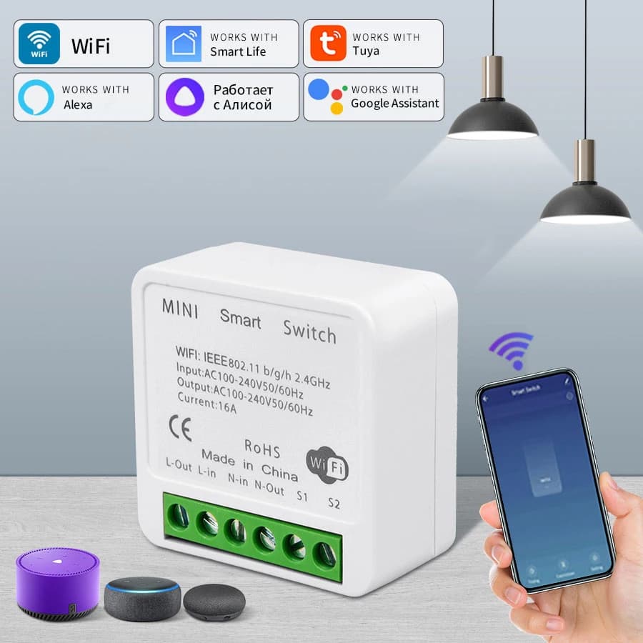 Modulo di Automazione Smart WiFi Mini 16A 20A, Interruttore Intelligente con Ricevitore RF433Mhz, Controllo tramite App Tuya/Smart Life, Compatibile con Alexa e Google Home