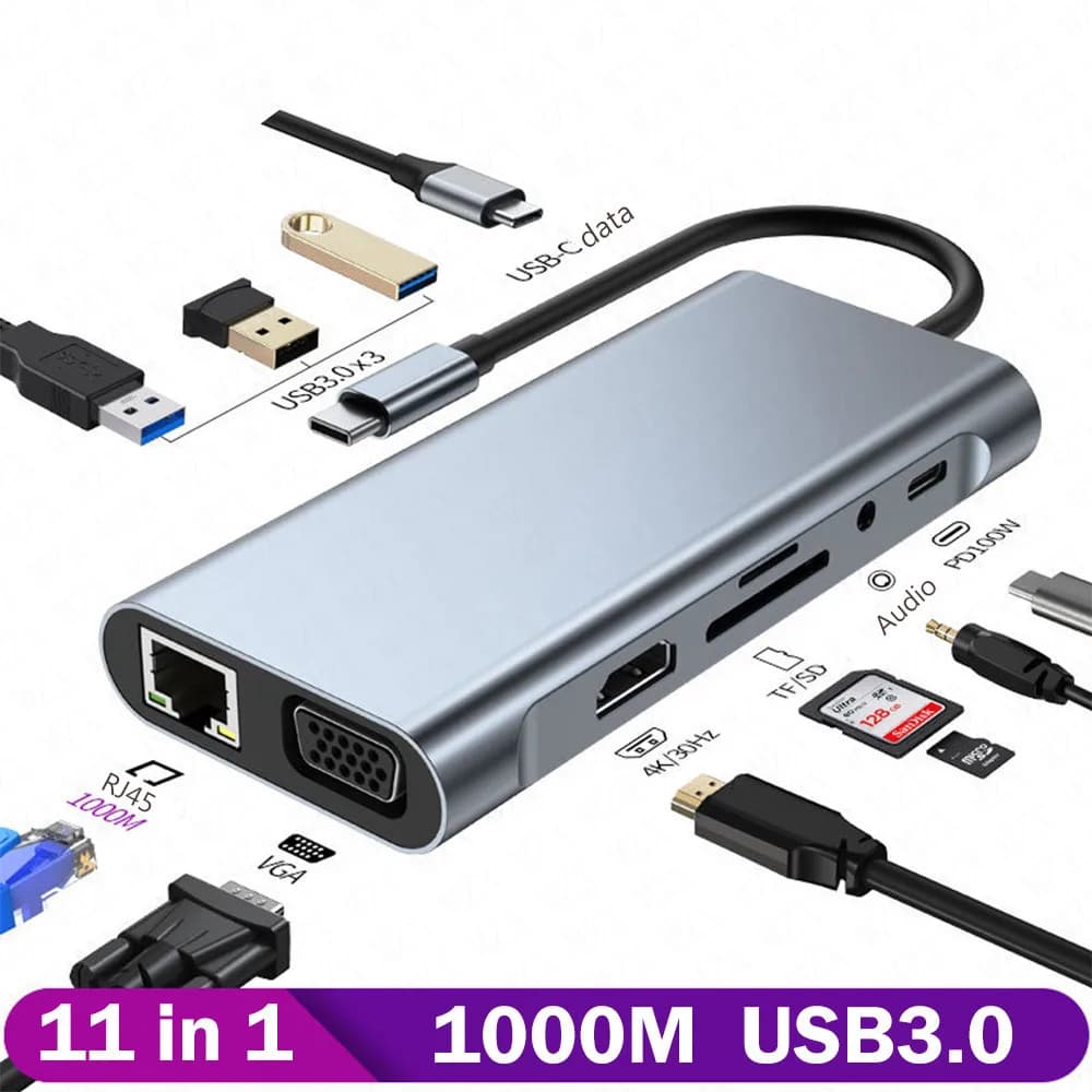 Docking Station USB C 8 in 1 con Adattatore Multiporta, HDMI 4K, VGA, Ricarica PD, Porte USB 3.0, Ethernet RJ45, Lettore di Schede SD e TF