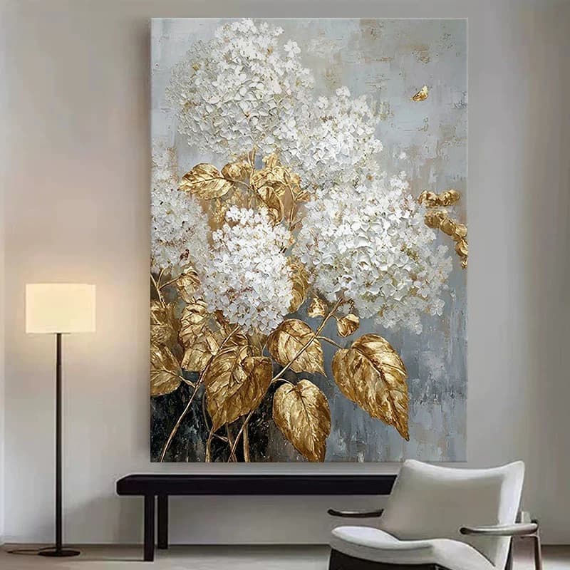 Beautiful Art Wall Picture Pure White Hydrangea Flower Handmade Abstract Oil Painting Canvas Gold Leaf Hanging Poster For Room