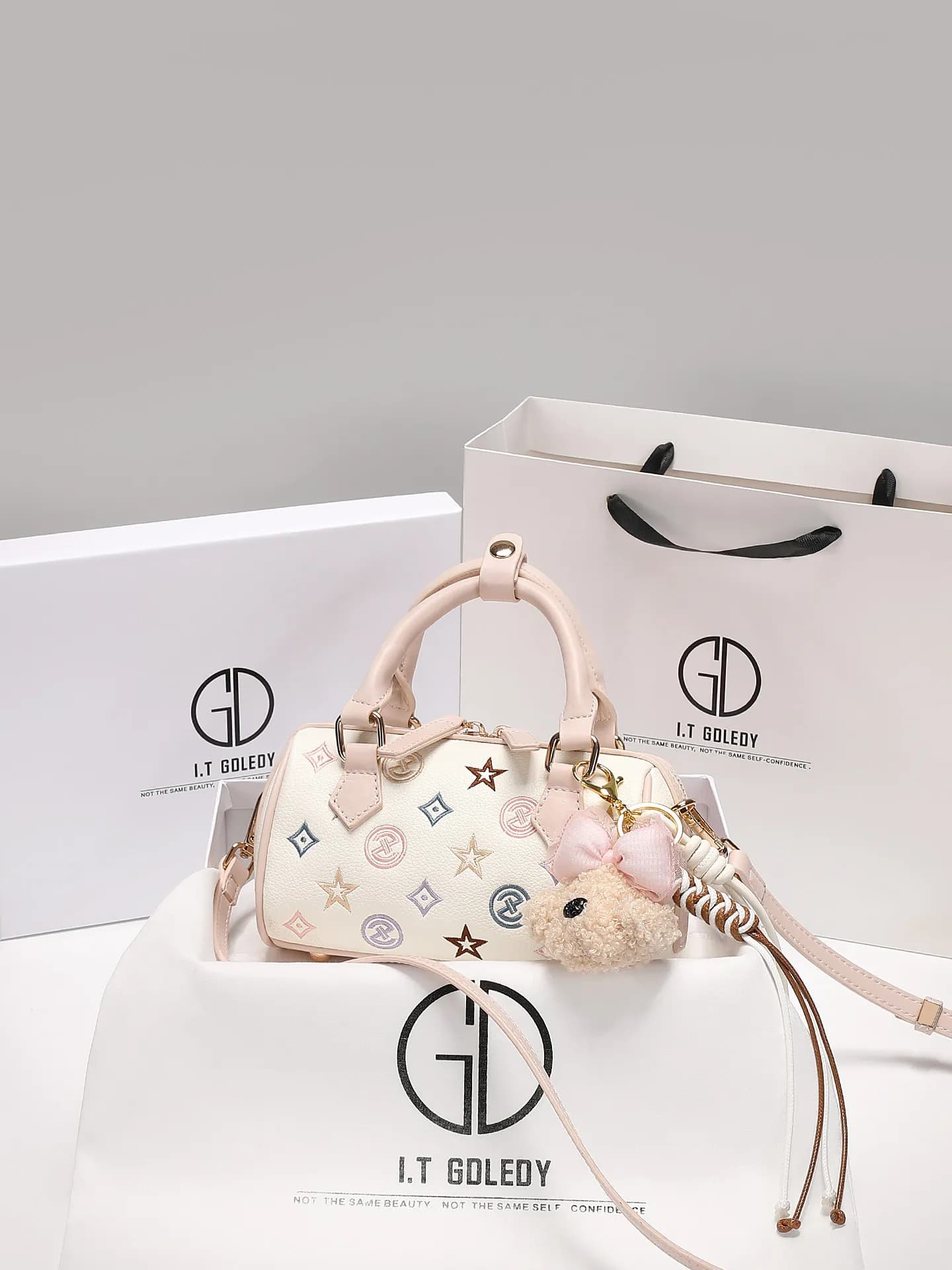 Luxury and Sweet Handheld Boston Bag with Exquisite Color Embroidery and Cute Doll Pendant 2026 Women's Elegant Crossbody Bag