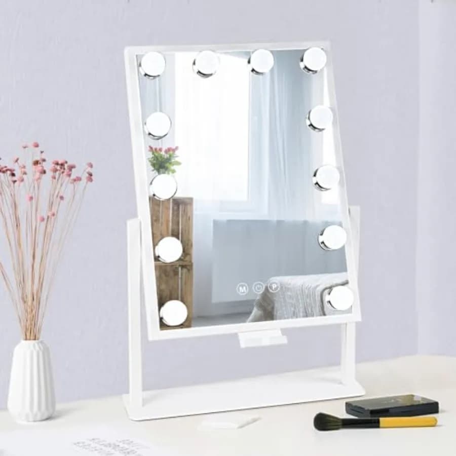Specchio da Trucco Illuminato Stile Hollywood con Supporto per Telefono, Controllo Touch Intelligente, 3 Modalità di Illuminazione Colorata, Staccabile