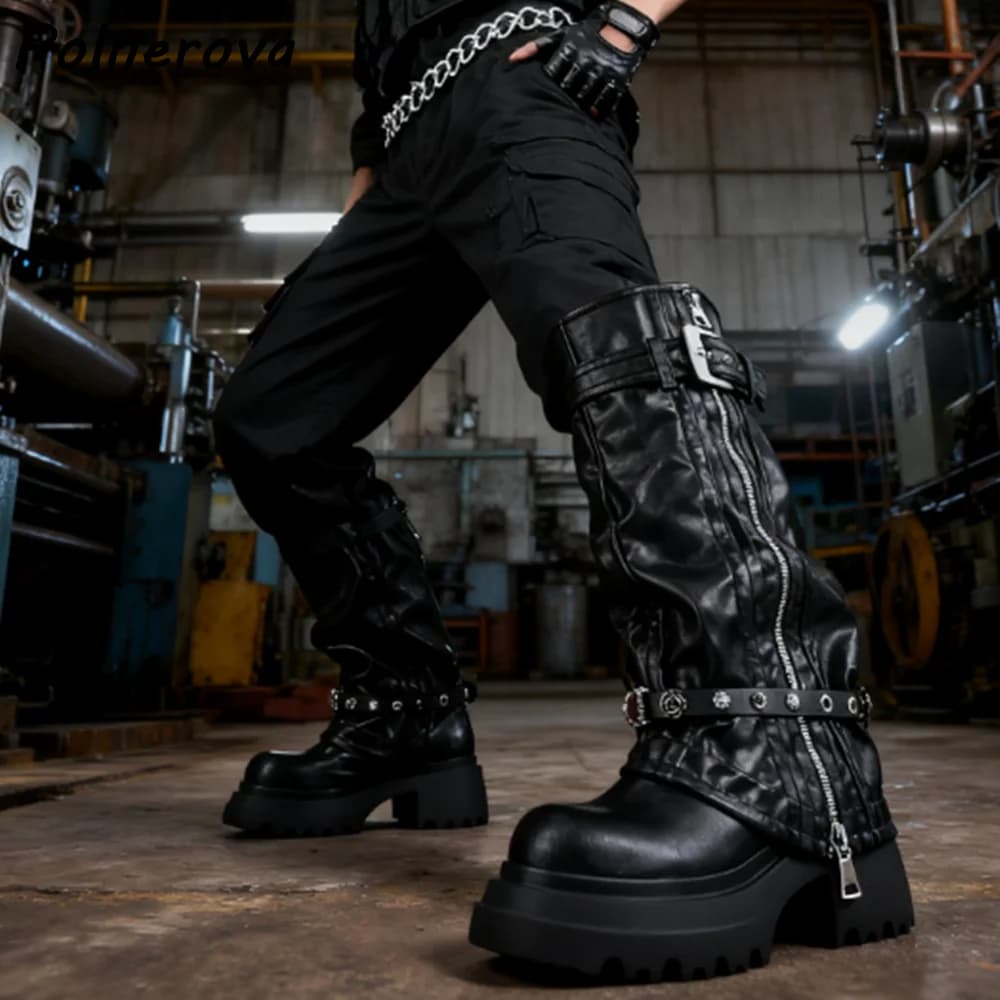 Stivali con strass in pelle pieghettata nera Punta tonda Suola spessa Tacchi grossi Cerniera laterale Stivali alti al ginocchio Scarpe invernali da donna solide