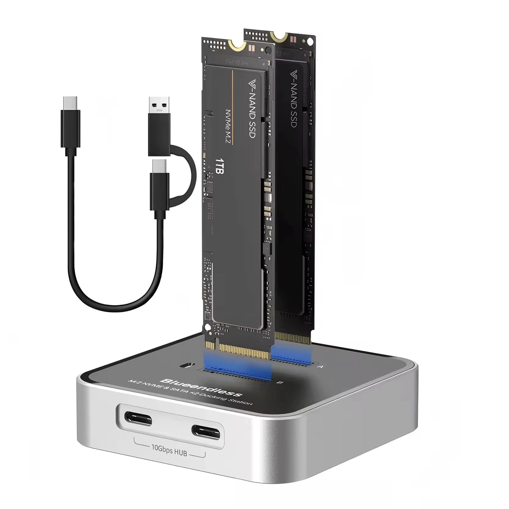 Blueendless Docking station SSD per protocollo NVMe / SATA M.2 dual-bay Custodia SSD esterna da 10 Gbps con hub USB C