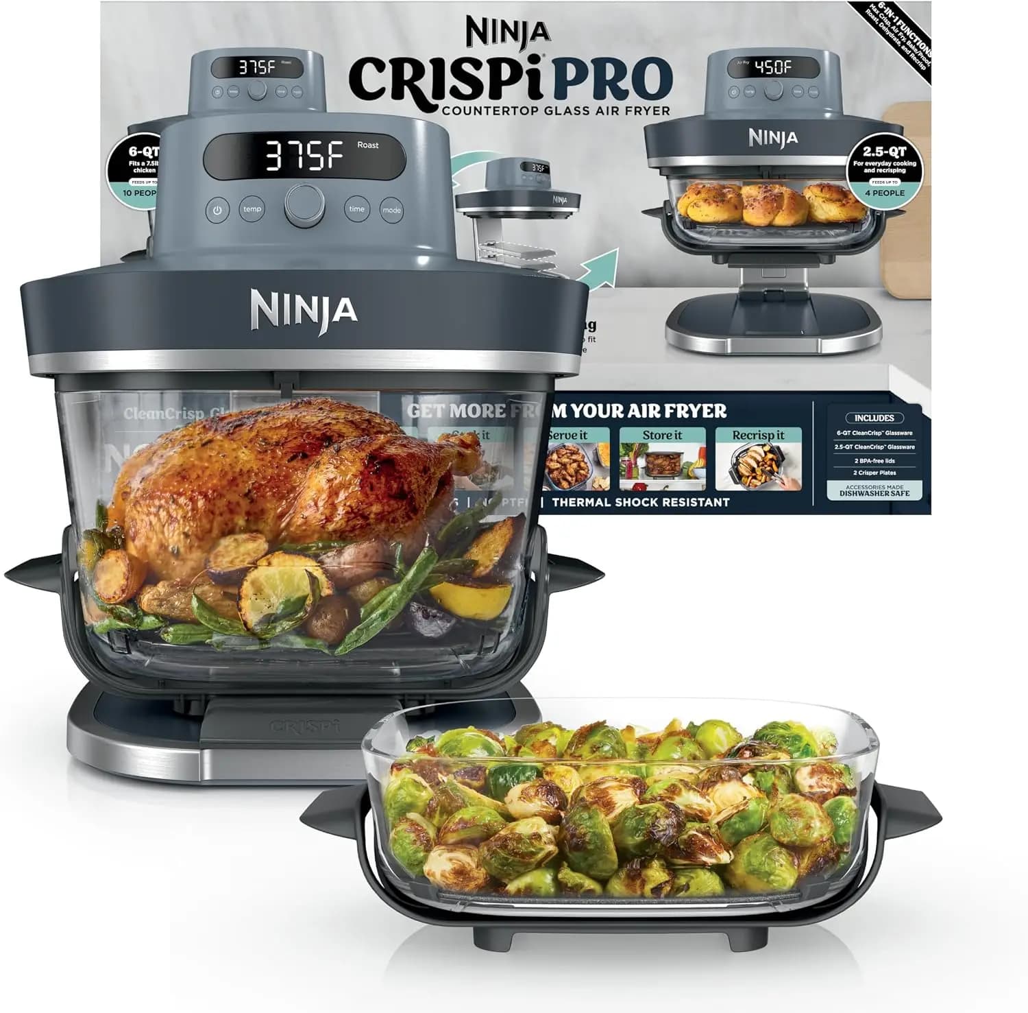 Ninja Crispi Pro 6-in-1 Glass Air Fryer | With Nontoxic, 6qt & 2.5qt Containers & Lids | Microwave, Freezer, Dishwasher Safe | 4