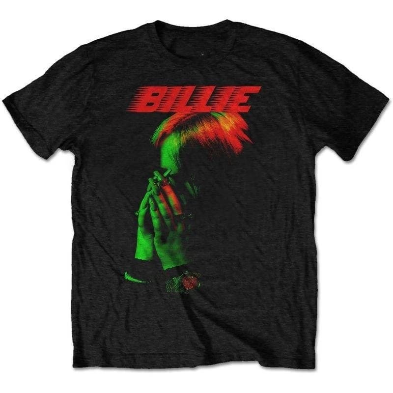 T-Shirt con Grafica Ritratto di Billie Eilish Rosso e Verde, 100% Cotone, Stampa Pop Alternativa, Unisex, Streetwear Scuro a Maniche Corte
