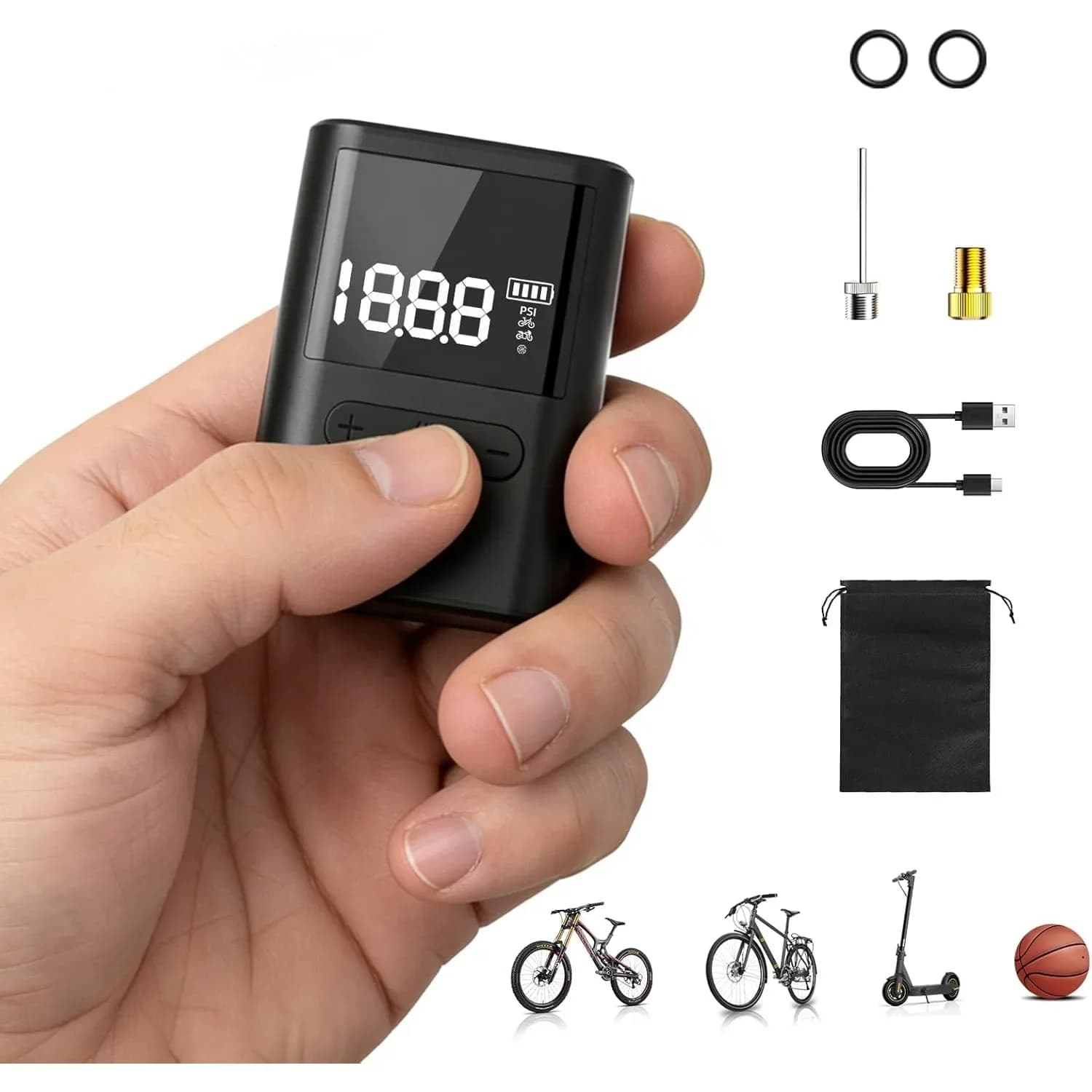 Mini Pompa d'Aria per Bicicletta, Gonfiaggio Rapido, Pompa Elettrica Portatile con Manometro Digitale per Bici da Strada, Mountain Bike, E-Bike