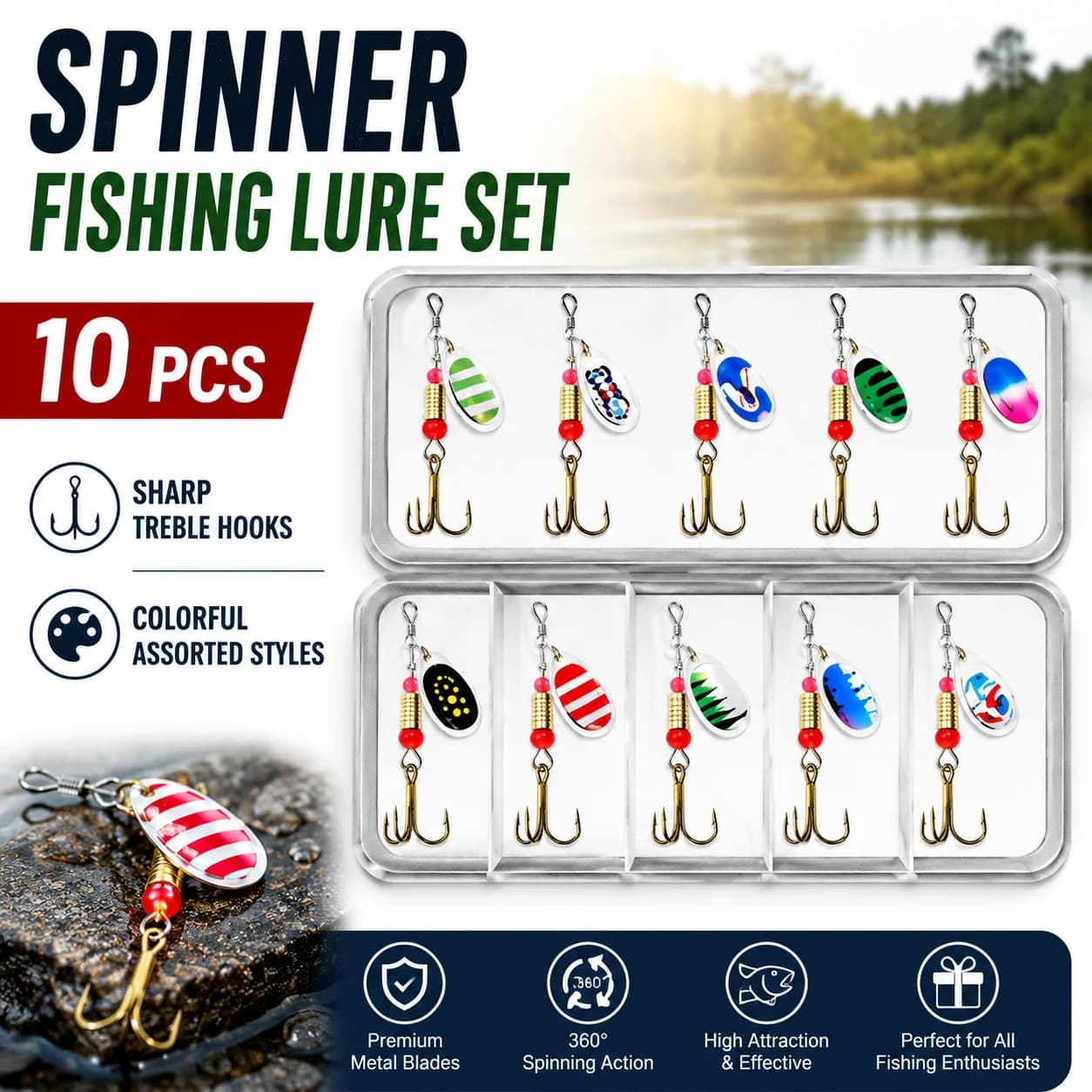 Rotating bait for fishing bait, 10 piece hard metal rotary bait set, suitable for edges, with fishing gear box