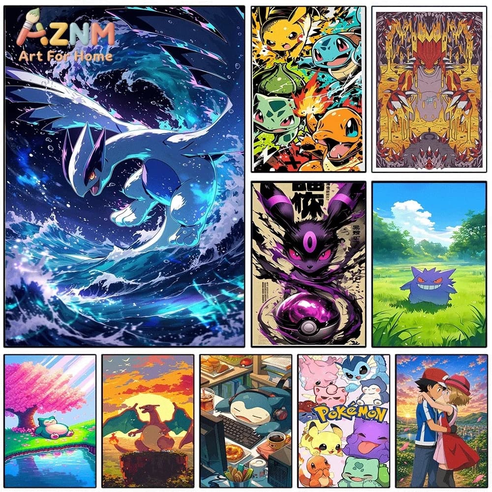 Anime Pokemon Latios Ocean Wave Canvas Wall Art, Dragon‑type Pocket Monster Cartoon Frameless Canvas Painting for Kids Bedroom