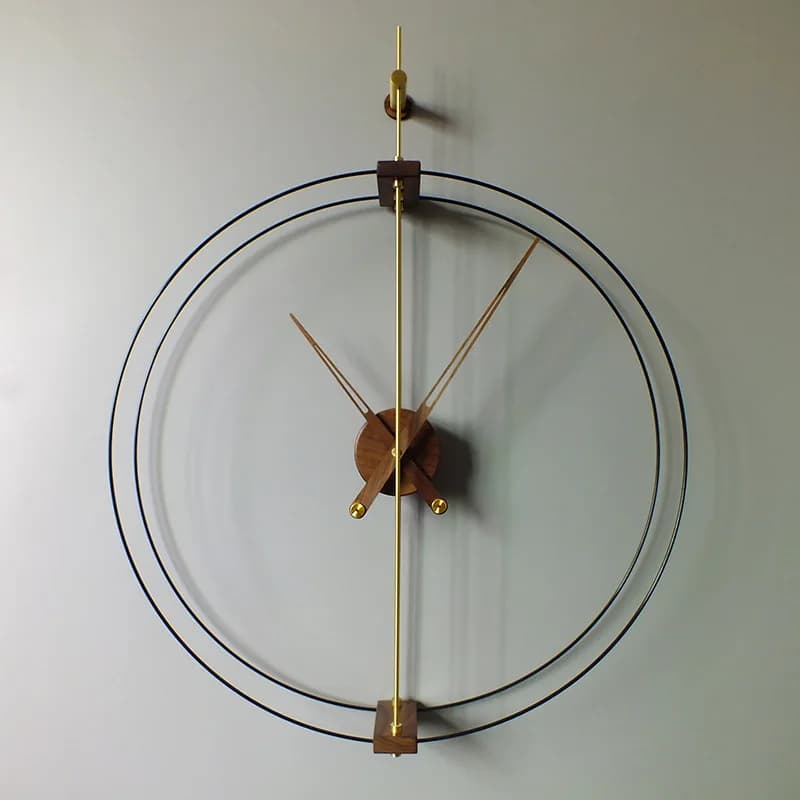 Nordic wall clock black walnut solid wood large hand double circle double rod silent wall hanging