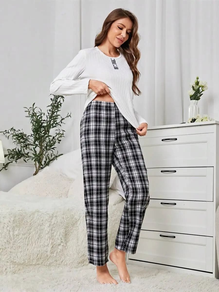 Set pigiama con motivo a quadri per donna, top casual a maniche lunghe e pantaloni