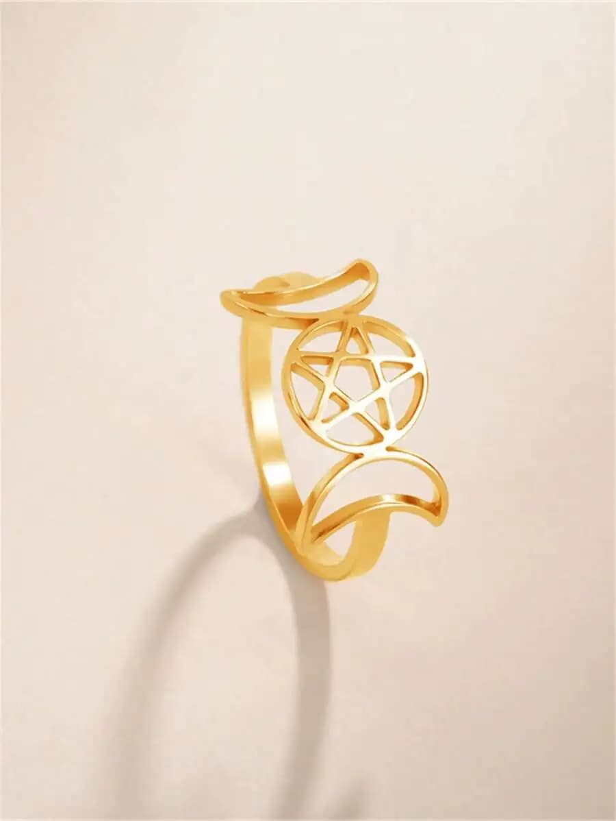 Stainless Steel Crescent Moon And Pentagram Symbol Ring Unisex Fashion Casual Jewelry