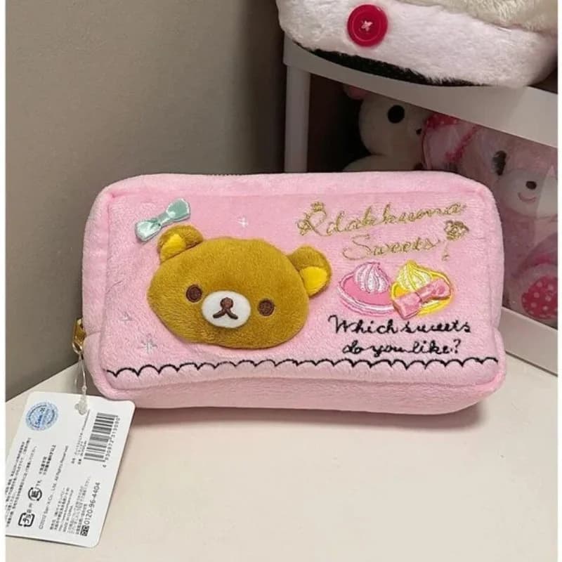 Sanx Rilakkuma Vintage Sweets Series Plush Pencil Case Soft Pink Cute Zipper Stationery Storage Pouch For Daily Use