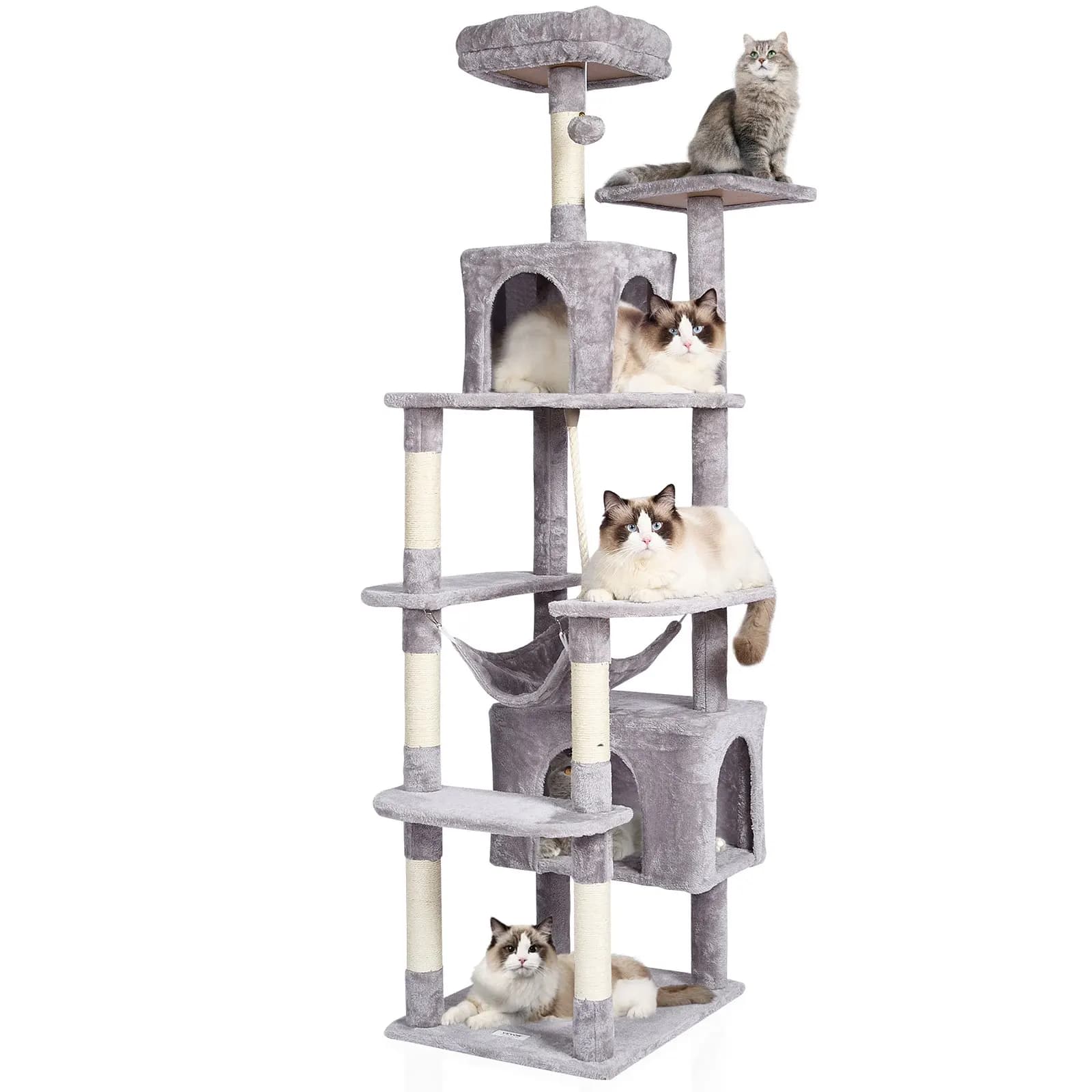 Albero per gatti da interno, torre per gatti da 183 cm con 2 cucce, tiragraffi in sisal, amaca, piattaforma superiore, piattaforme per saltare, grande