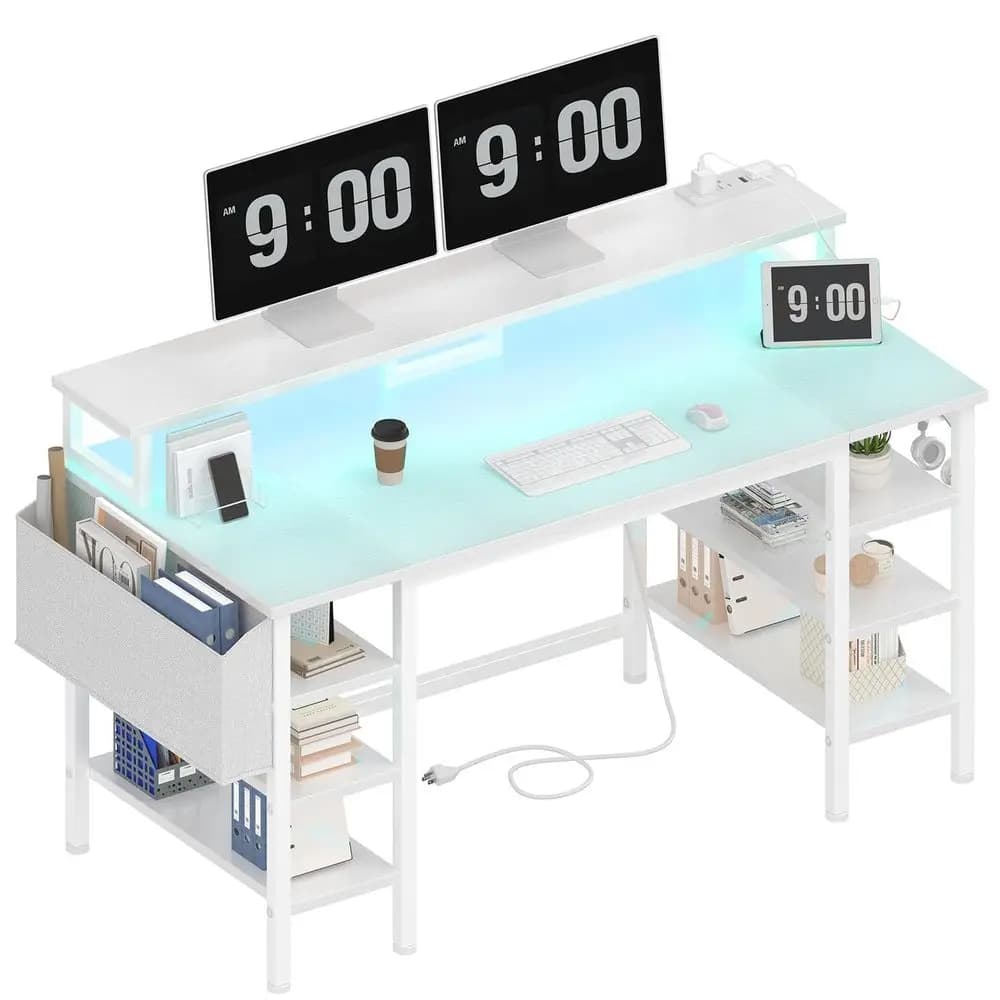 Scrivania bianca con ripiani portaoggetti da 47 pollici, scrivania da ufficio/gaming con supporto per monitor, scrivania per computer con luci LED e presa di corrente