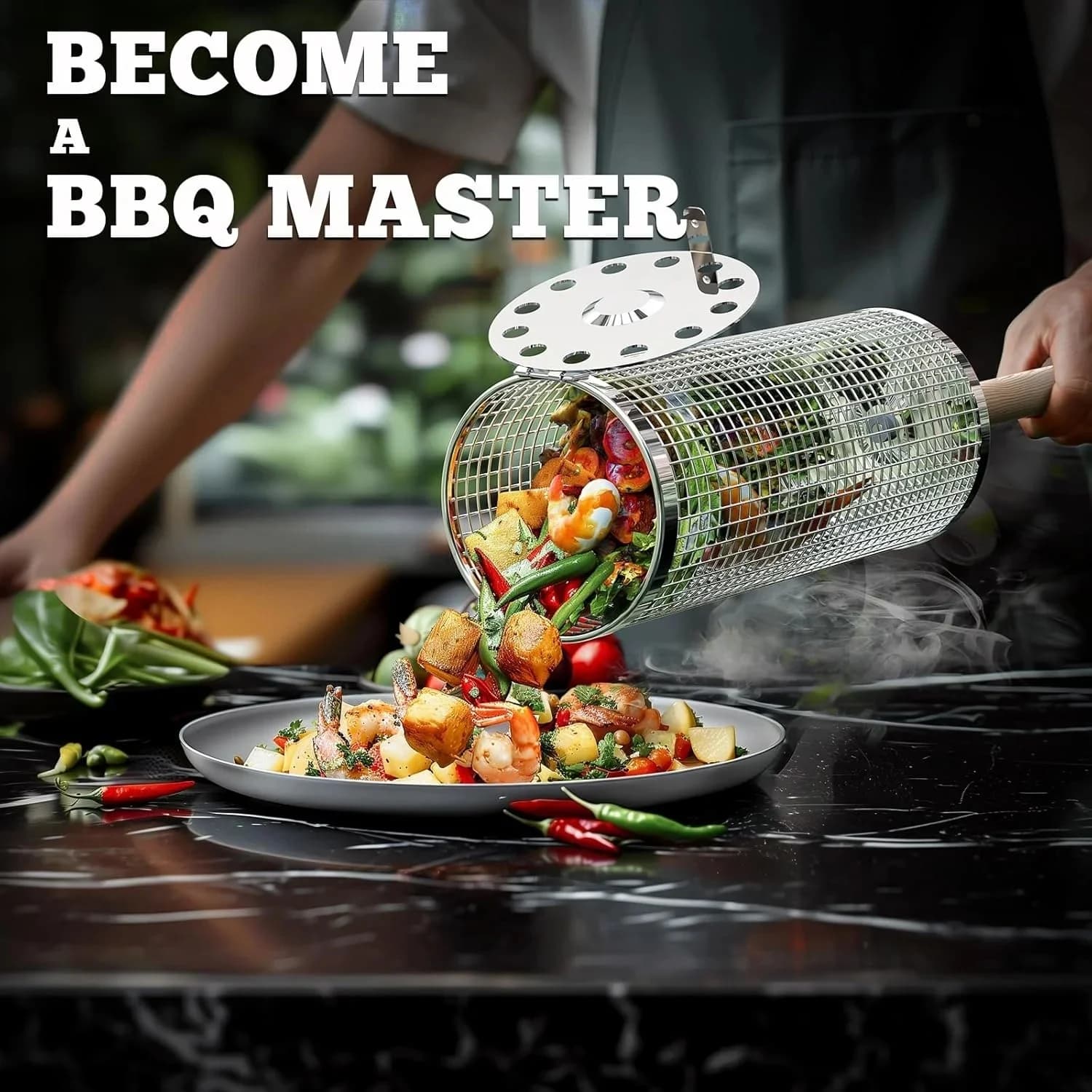 Rolling BBQ Cage Outdoor BBQ Grill Basket | 304 Stainless Steel Grill Cylinder & Grill Net with Wooden Handle