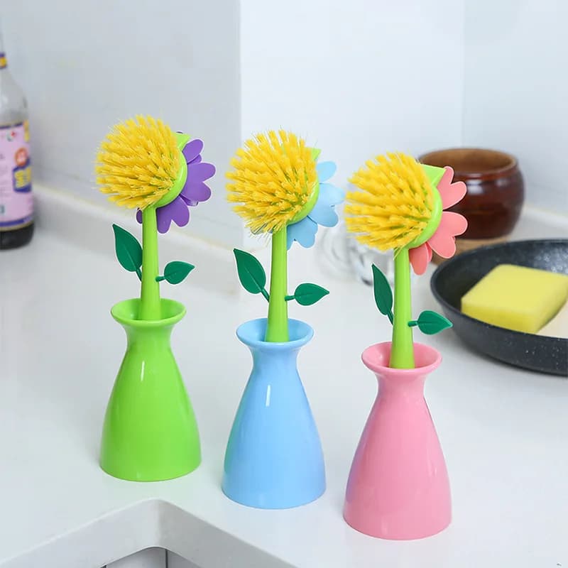 Dispenser di sapone Lavello Spugna automatica Cucina Bagno Spazzola per pulizia a forma di fiore Strumento per lavare il vaso con manico Decorazione della casa