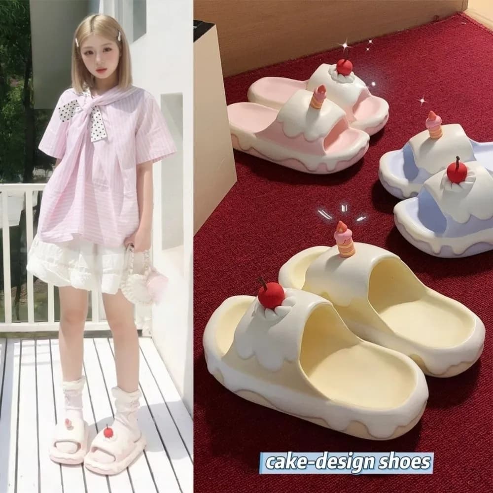 Cute Creative Cream Cake Slippers Thick Soles Non-Slip Cherry Cake Slippers Lightweight Comfortable Women Slippers Indoor