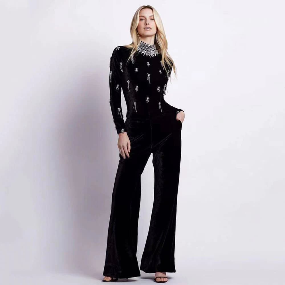 Tute fasciatura da donna 2024 nuova moda che borda pantaloni a gamba larga abiti a maniche lunghe tute eleganti da festa
