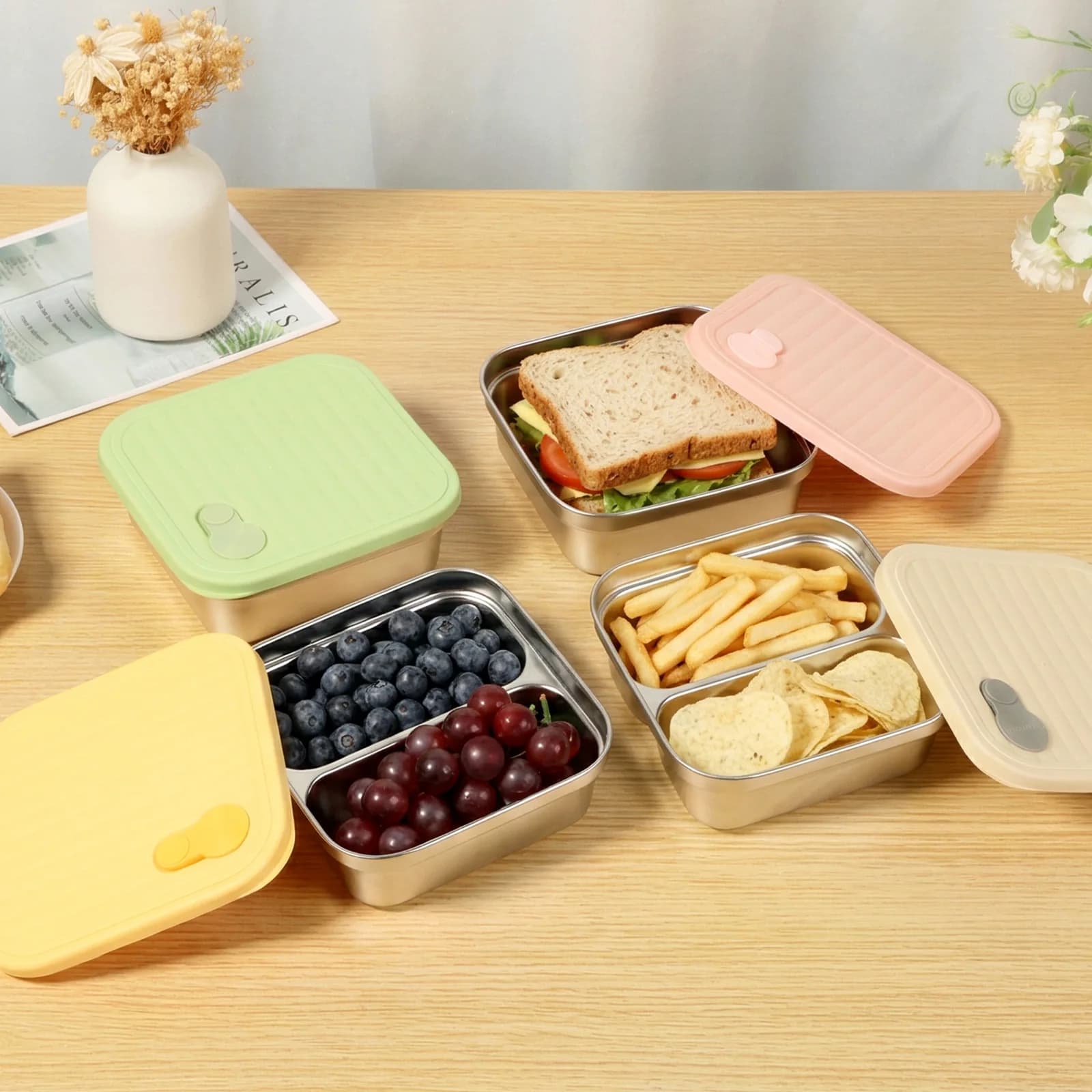 Contenitore per Sandwich in Acciaio Inox con Coperchio in Silicone Ventilato, Set da 4 Pezzi, Include 2 Scomparti Singoli e 2 Doppi, Scatola per Alimenti