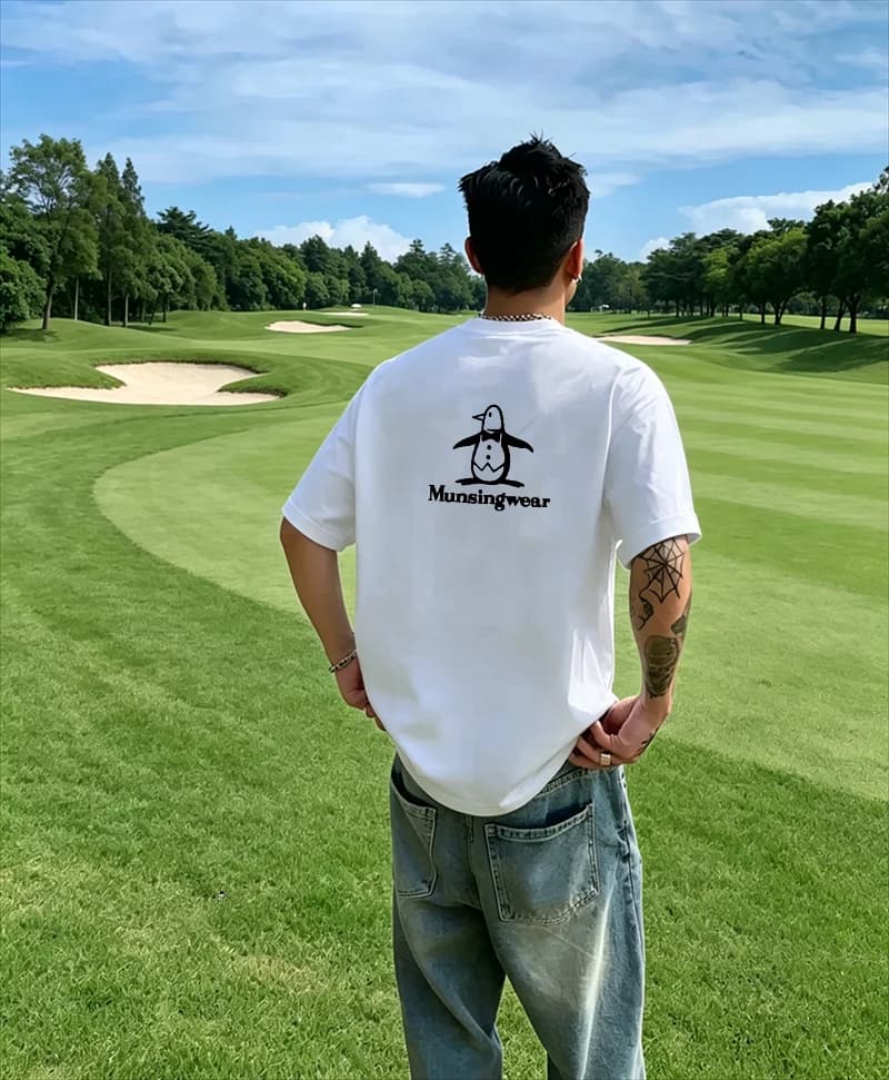 T-shirt da golf da uomo a maniche corte con logo pinguino, bianca, casual, oversize, abbigliamento da golf