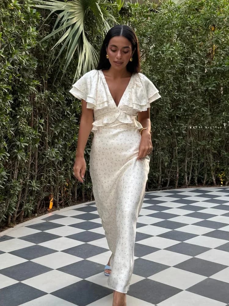 Floral Printed Satin Long Dress with Volant Short Sleeved Women's Summer Dress with V Neckline Sexy Slim Dresses Elegant Long Evening Dress 2025