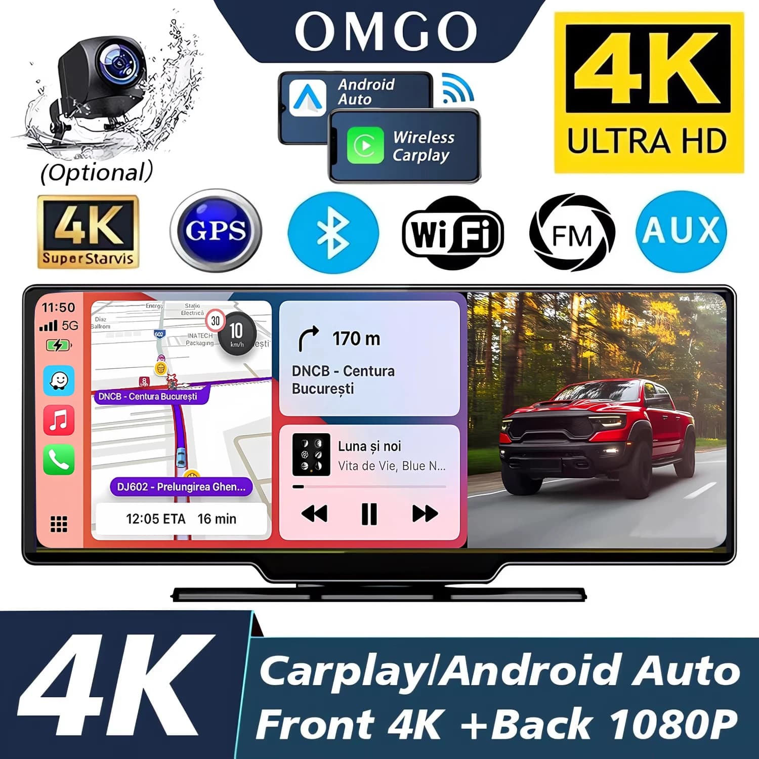 Dash Cam 4K 2160P con Schermo da 10,26 Pollici, Carplay, Android Auto, GPS, WiFi, BT, FM, Specchietto Retrovisore con Registratore di Guida