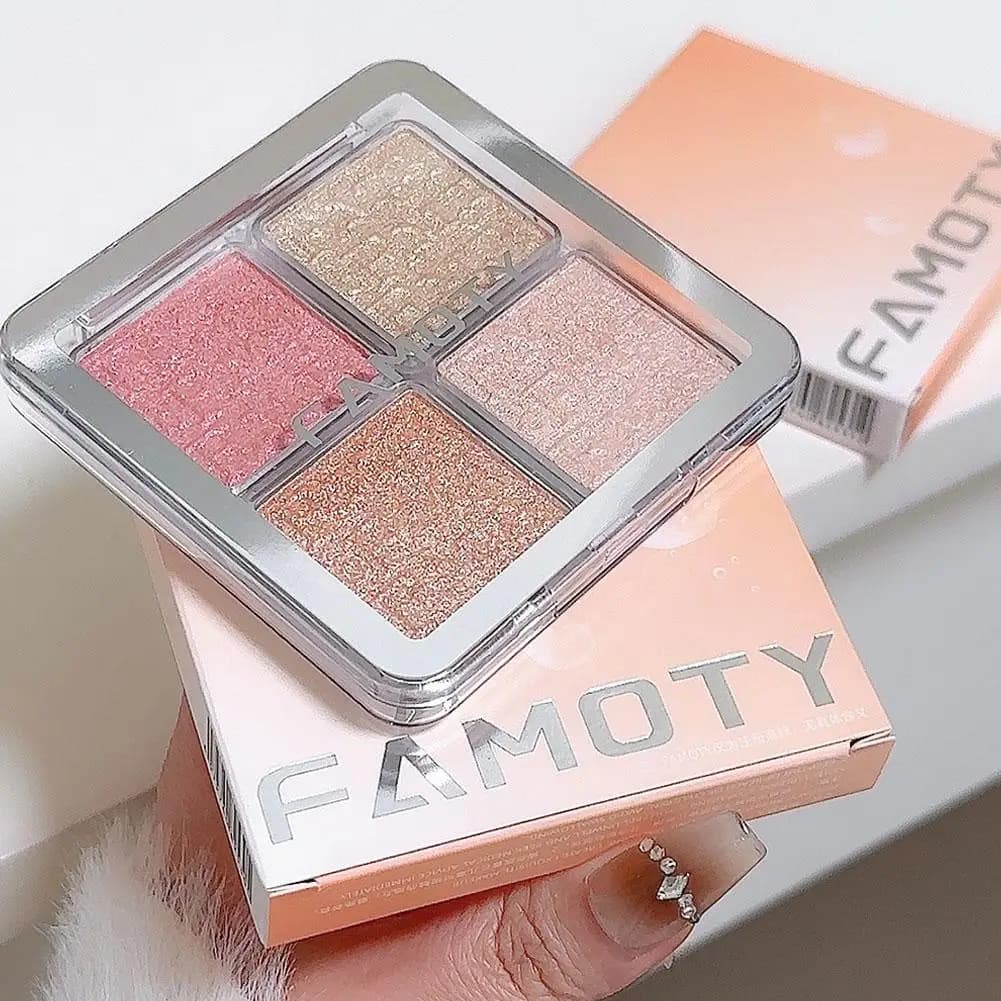 FAMOTY Palette Illuminante Diamantato 4 Colori – Shimmer Ultra Concentrato, Illuminante Naturale, Illuminante Viso Impermeabile