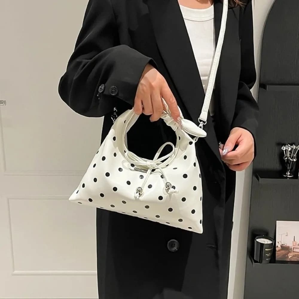 Exquisite Polka Dot Shoulder Bag Bow Tie Rope PU Leather Polka Dot Handbag Hand-held Crossbody Bag Women