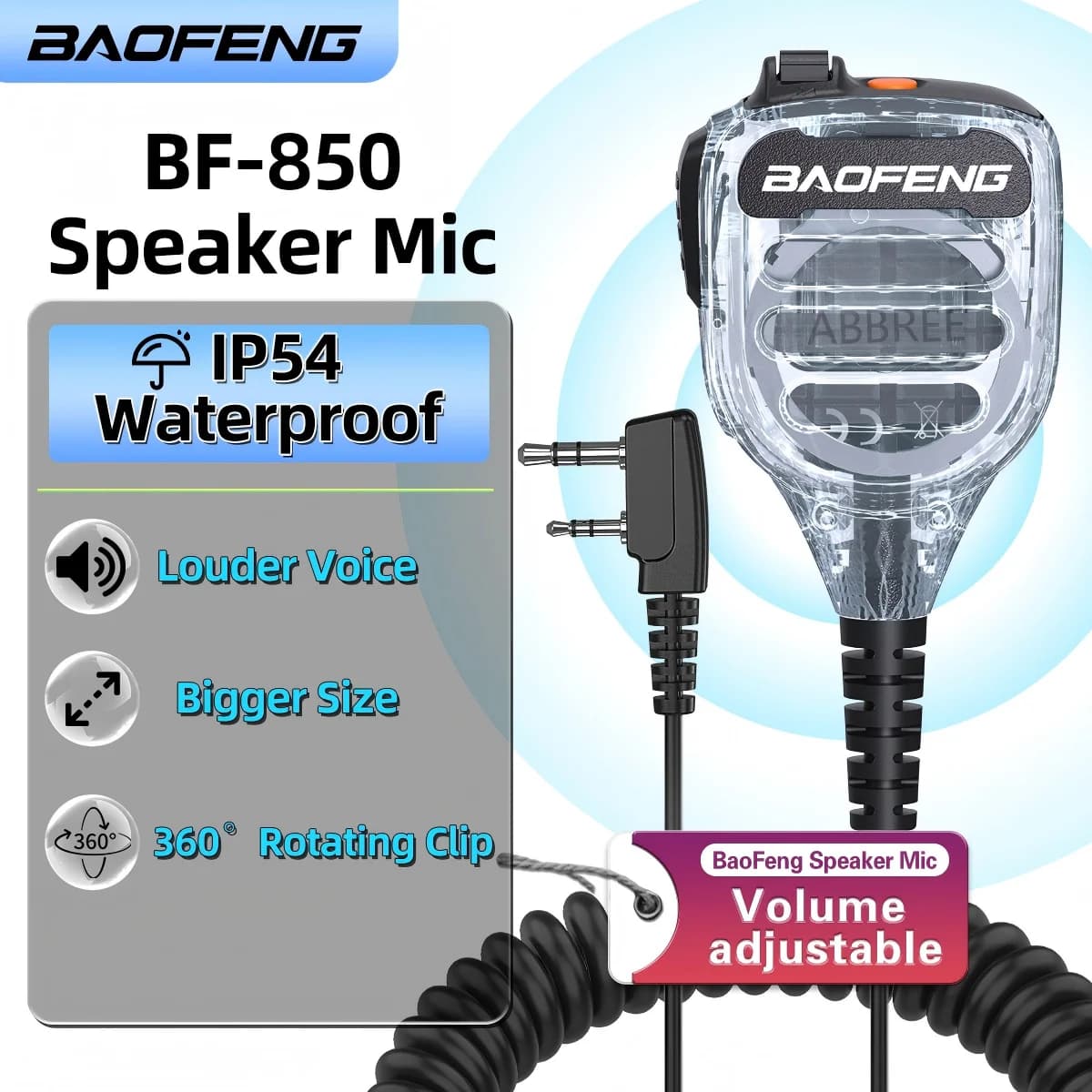 Microfono Altoparlante Trasparente Baofeng BF-850 IP54 Impermeabile con Volume Regolabile e Doppio PTT per Radio BAOFENG UV-5R UV-21PRO
