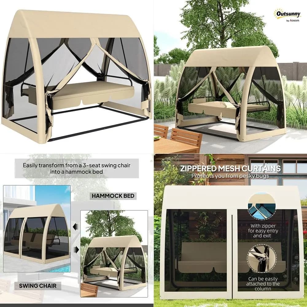 3Seat Patio Swing Chair, Porch Swing Bed with Convertible Backrest, Cushion, Canopy, Side Pocket and Mesh Netting for Patio, Ga