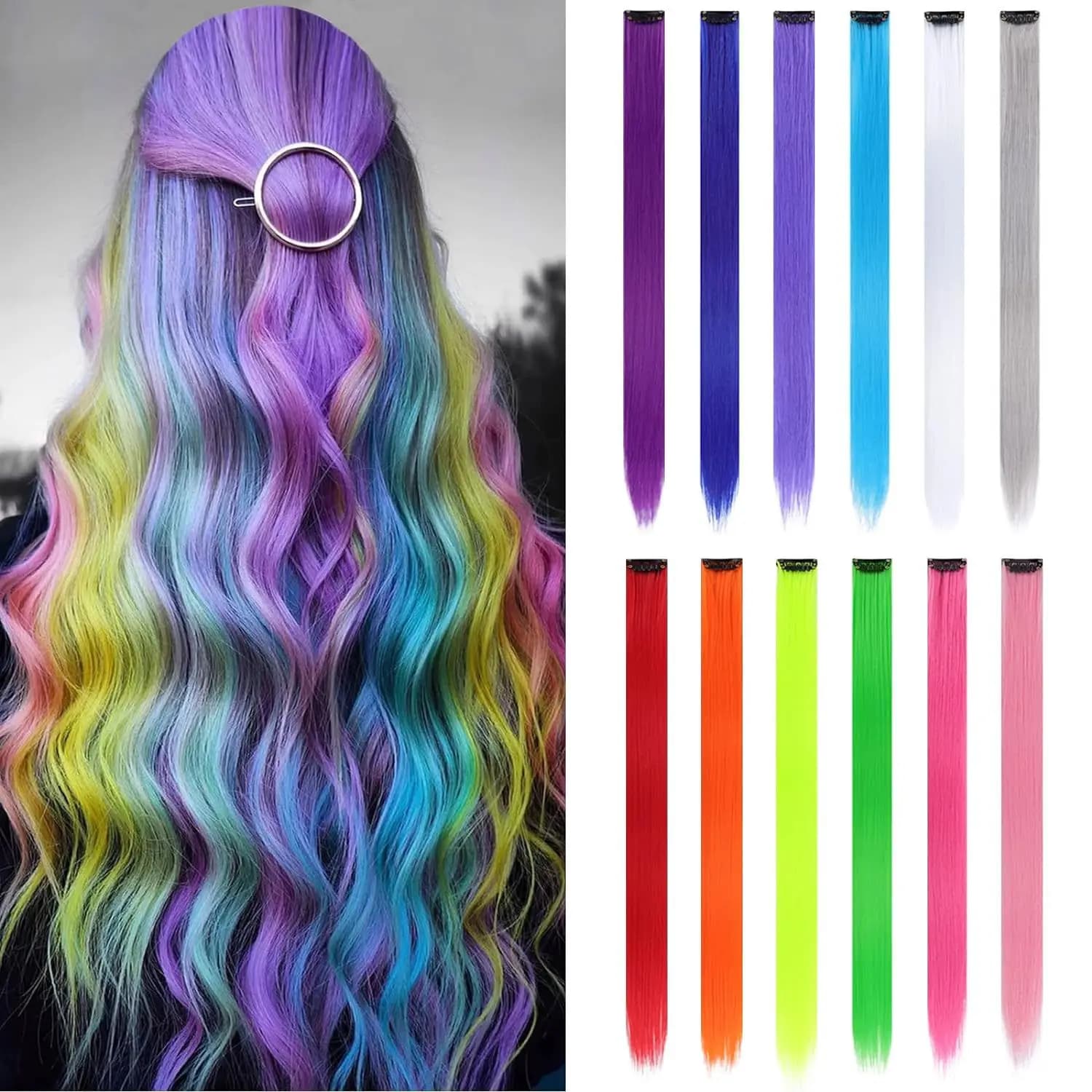 Synthetic hair extensions highlighted colored by 22 inch Long smooth bow tie for women Girls Purple Pink Blue