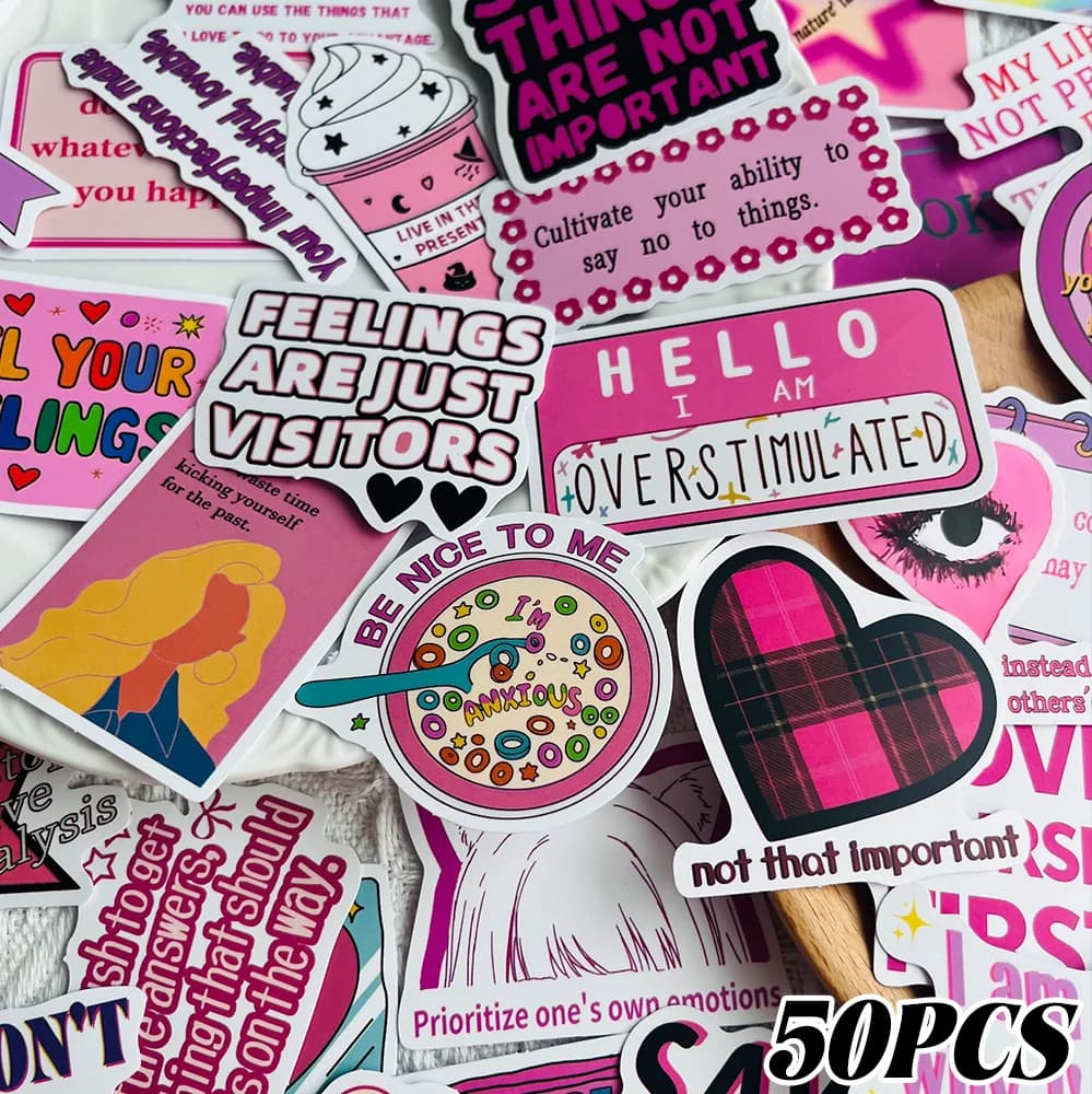 50Pcs Pink Anti Anxiety Stickers Waterproof PVC Gift Decoration Scrapbook Laptop Luggage Guitar Water Cup Phone Case DIY Decal