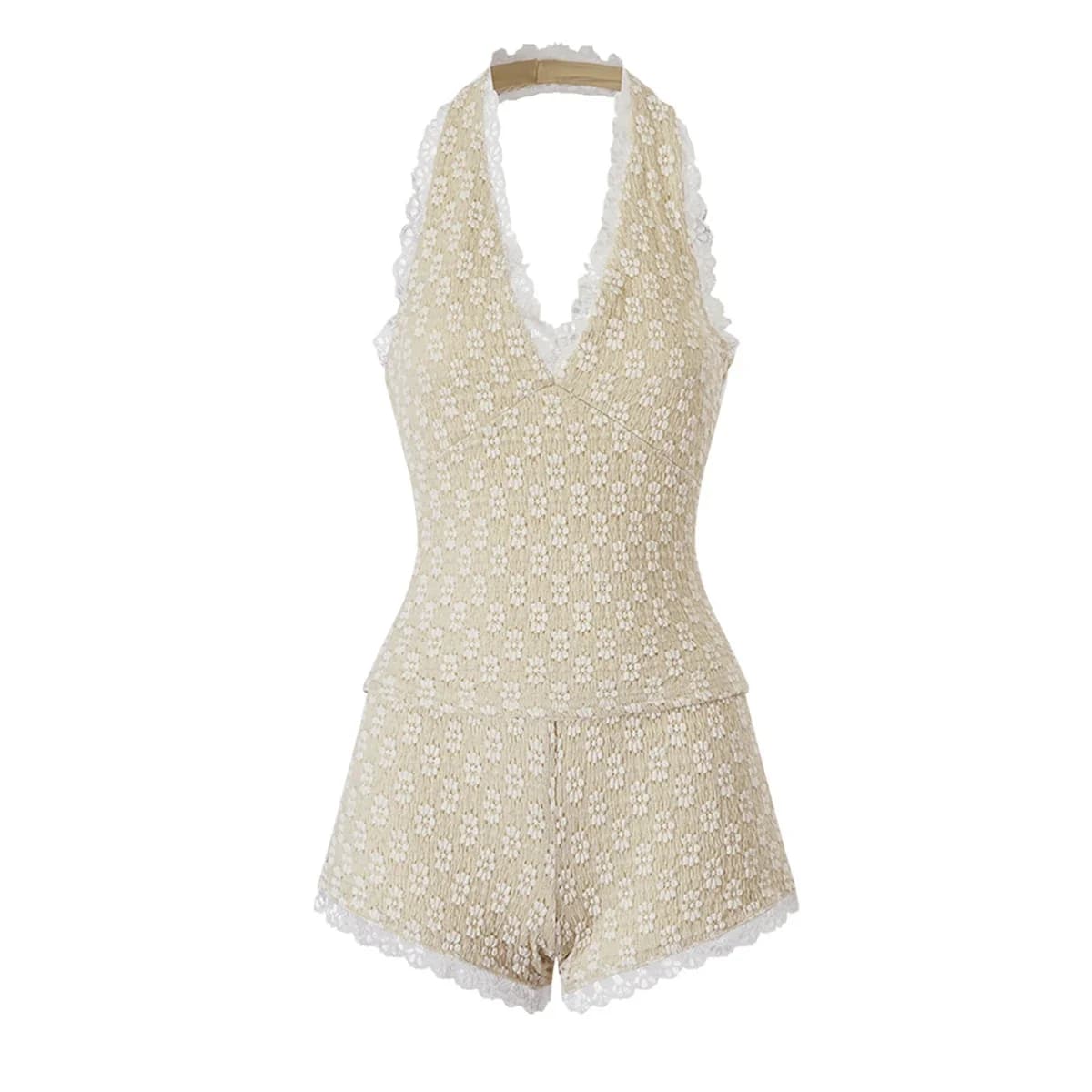 Set di Shorts Sexy alla Moda per Ragazze, Top in Maglia con Collo all'Americana, Slim Fit con Inserti in Pizzo Jacquard - Completo Sexy in Due Pezzi